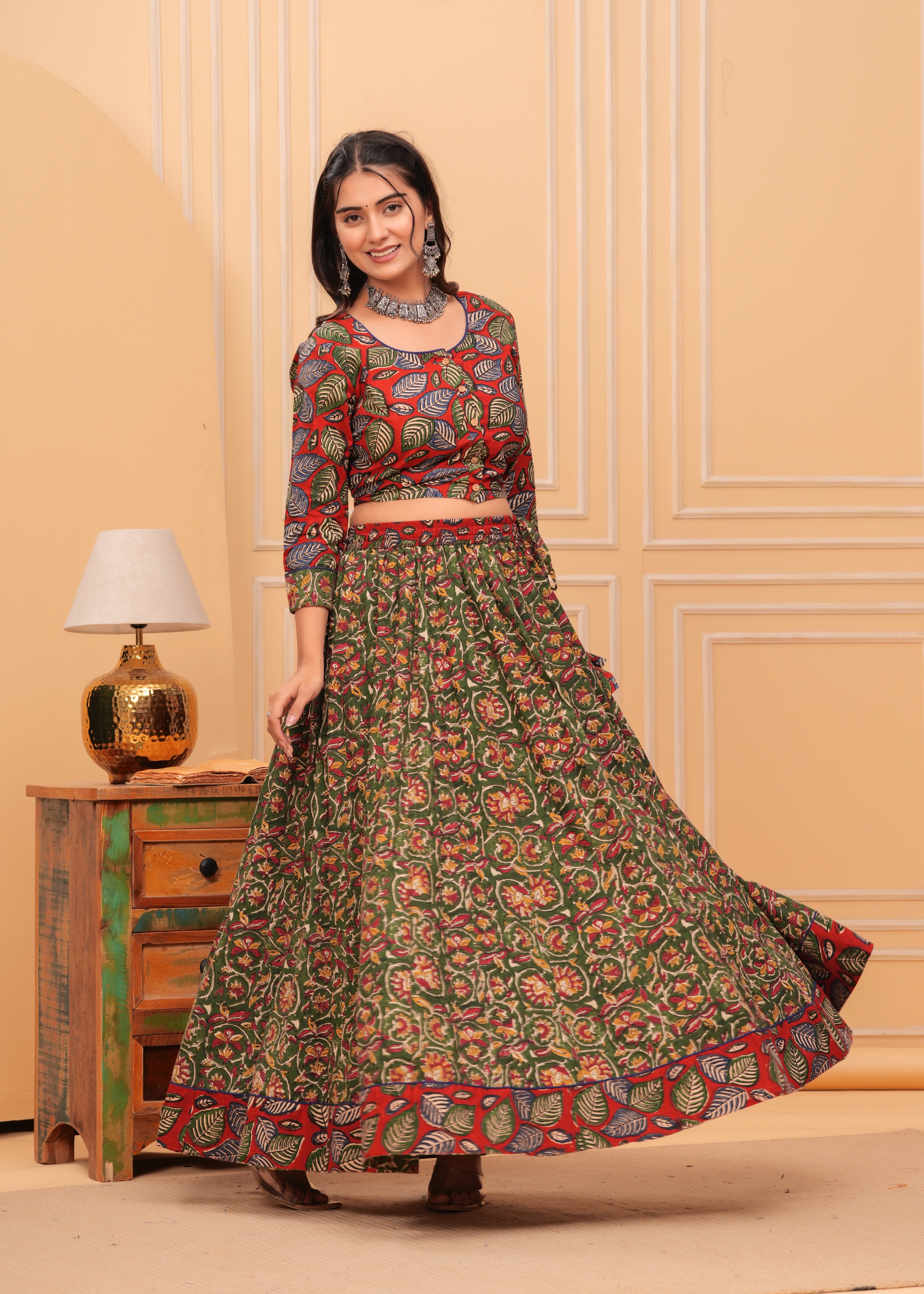 Ziyorah | Blockprinted Green & Red Lehanga Choli Set