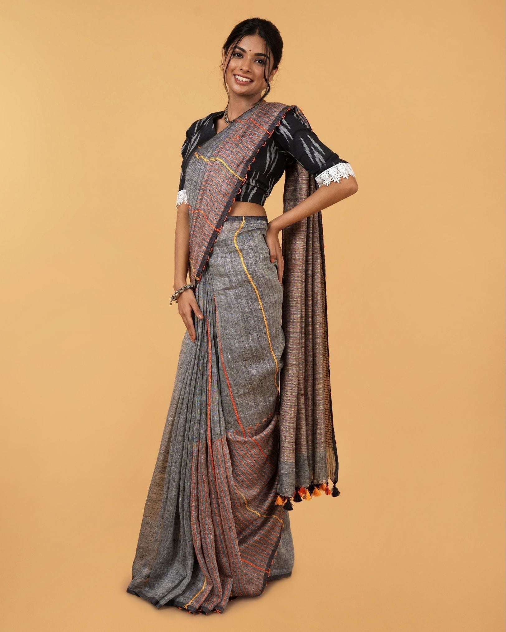 Ziyorah| Kantha Pure Linen Grey Saree With Kantha Blouse