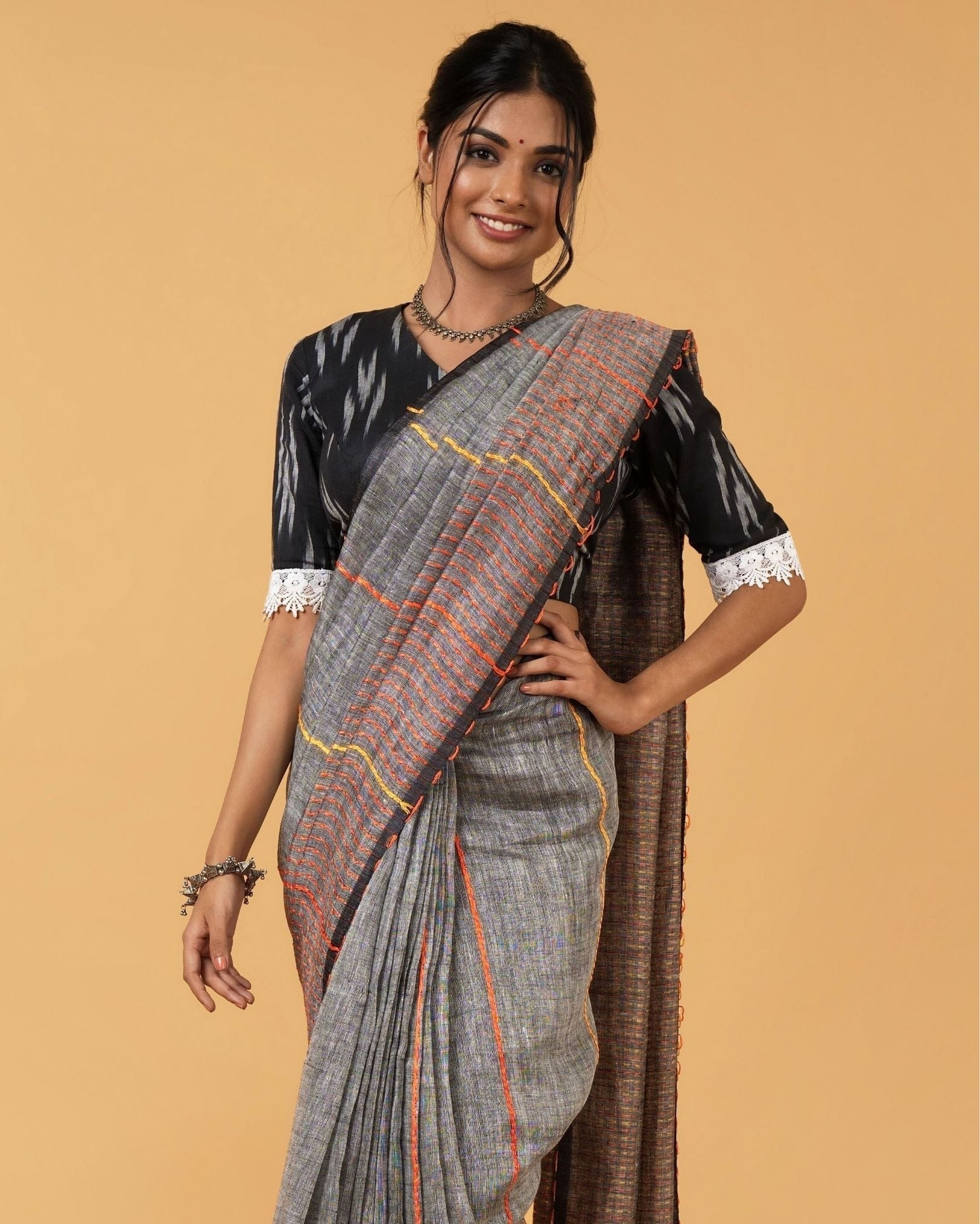 Ziyorah| Kantha Pure Linen Grey Saree With Kantha Blouse