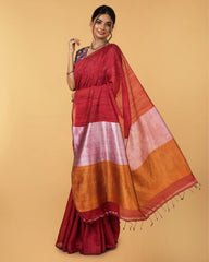 Ziyorah| Silk Linen Plain Saree Red Color With Contrast Border And Attached Running Blouse