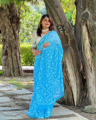 Ziyorah| Georgette Handcrafted Tepchi Work Blue Saree With Running Blouse