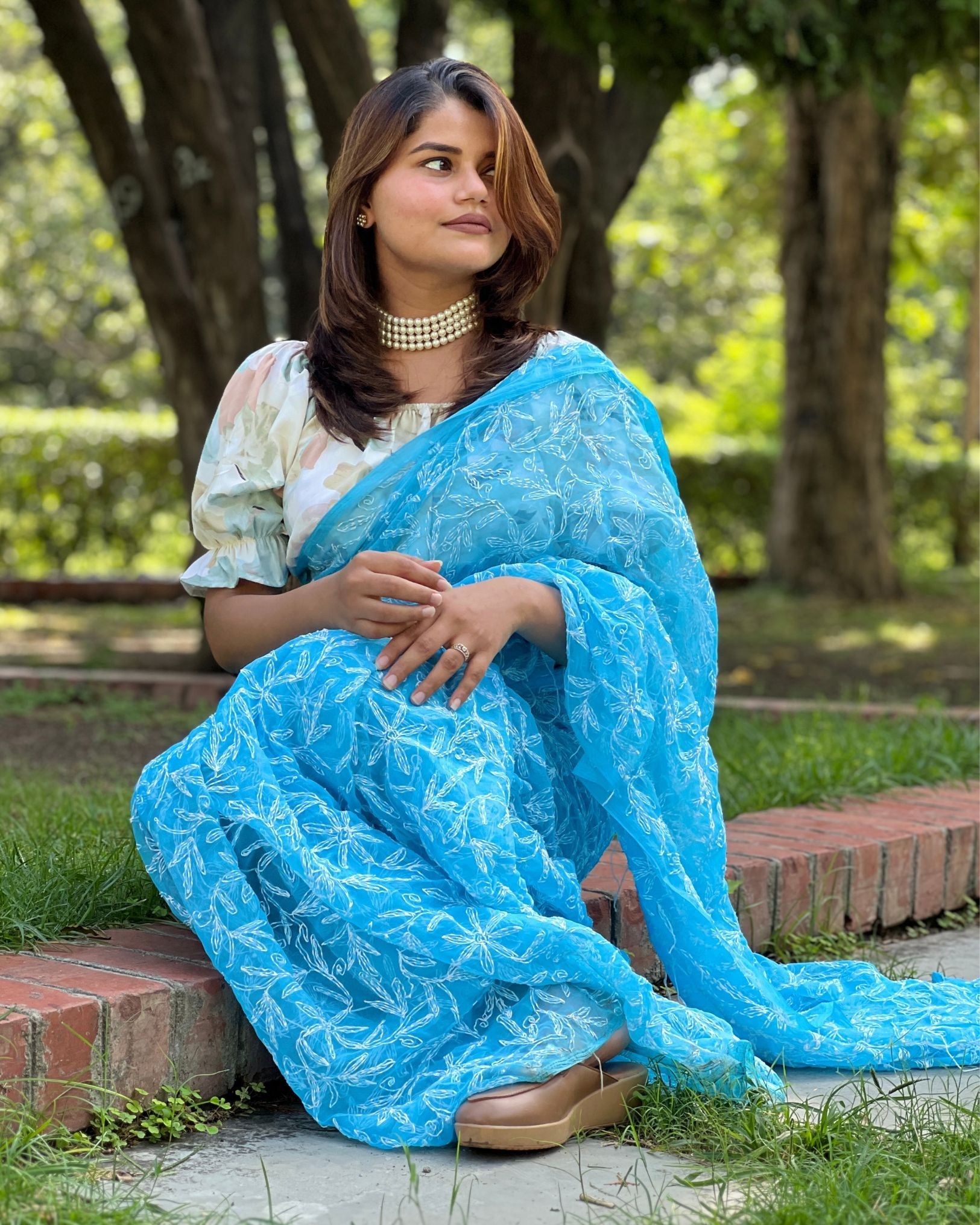 Ziyorah| Georgette Handcrafted Tepchi Work Blue Saree With Running Blouse