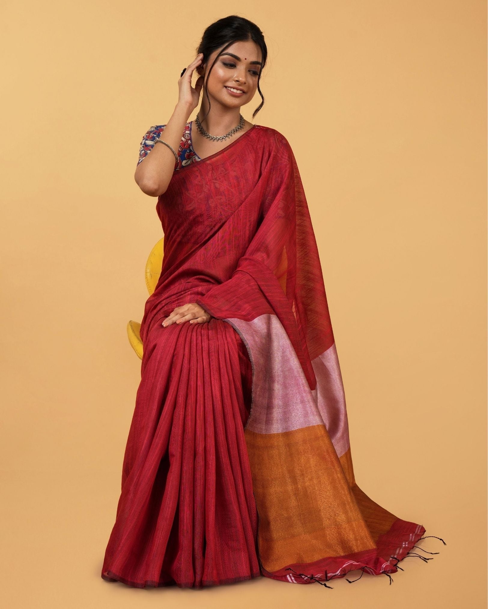 Ziyorah| Silk Linen Plain Saree Red Color With Contrast Border And Attached Running Blouse