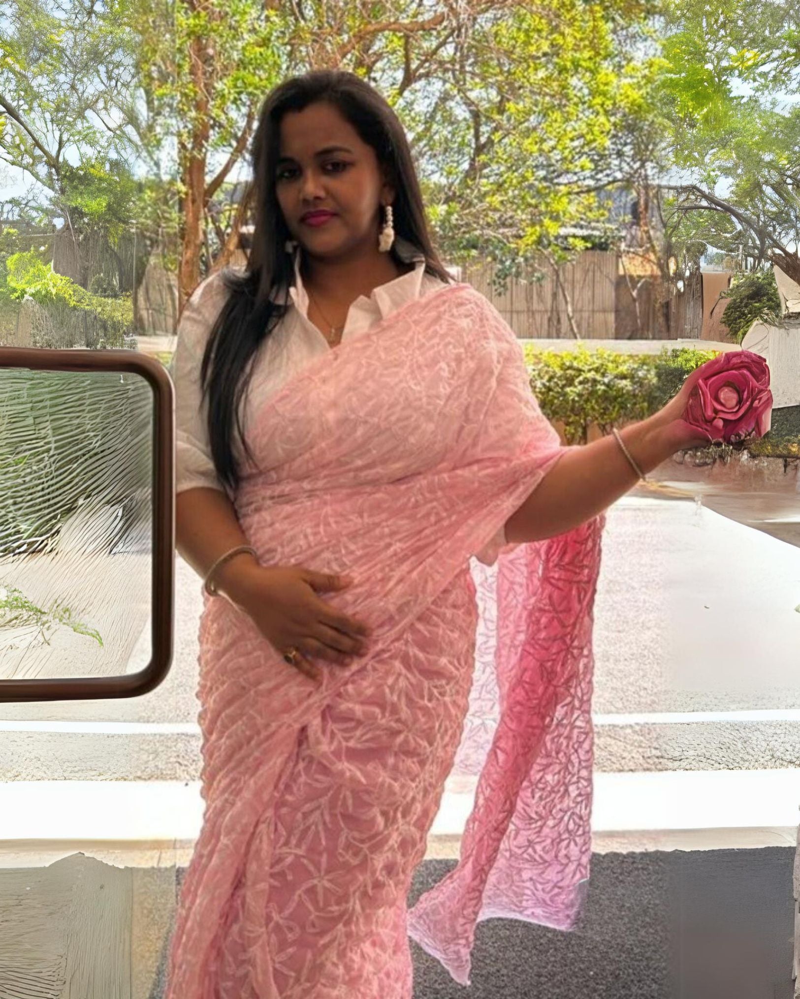 Ziyorah| Georgette Handcrafted Tepchi Work Pink Saree With Running Blouse