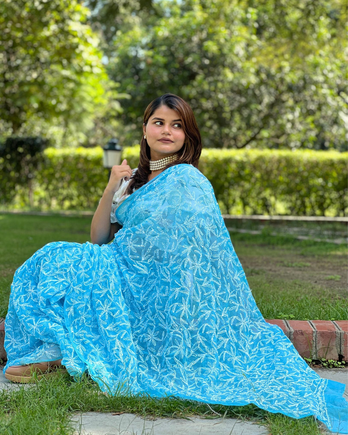 Ziyorah| Georgette Handcrafted Tepchi Work Blue Saree With Running Blouse