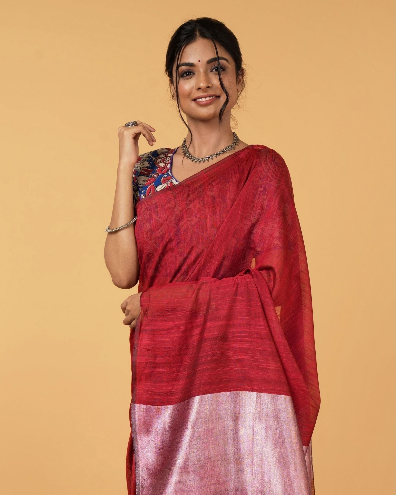 Ziyorah| Silk Linen Plain Saree Red Color With Contrast Border And Attached Running Blouse