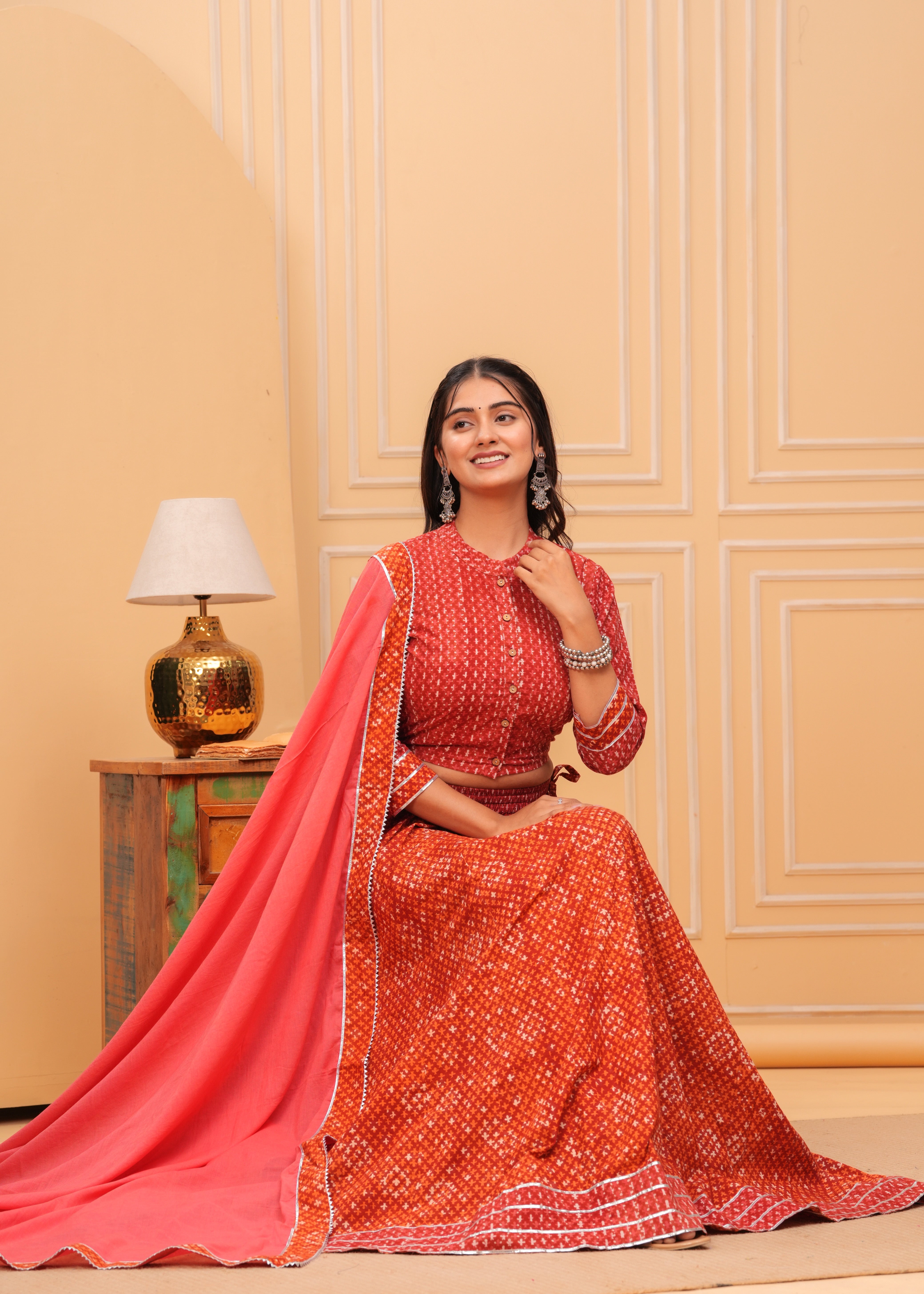 Ziyorah | Blockprinted Orange Lehanga Choli Set