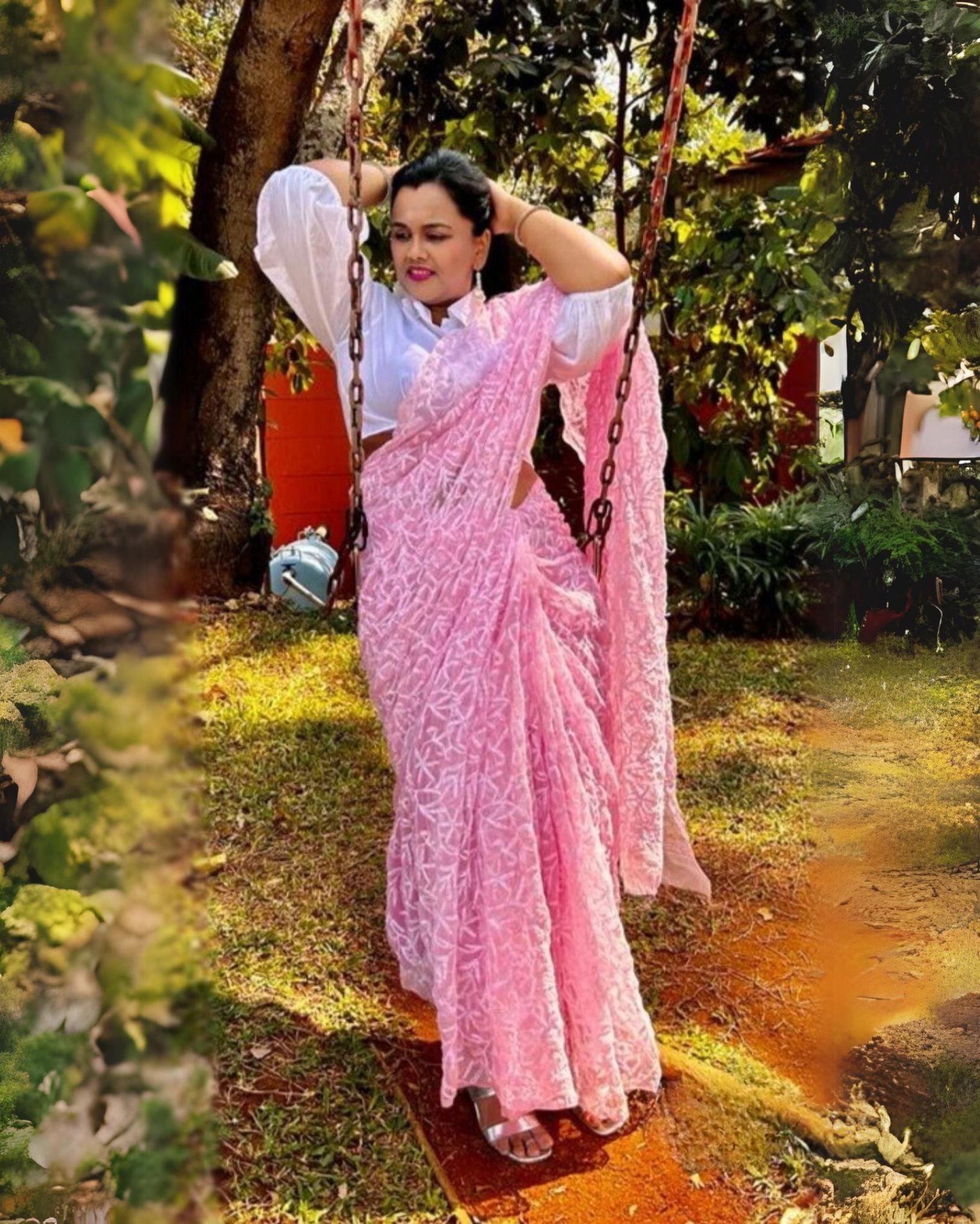 Ziyorah| Georgette Handcrafted Tepchi Work Pink Saree With Running Blouse