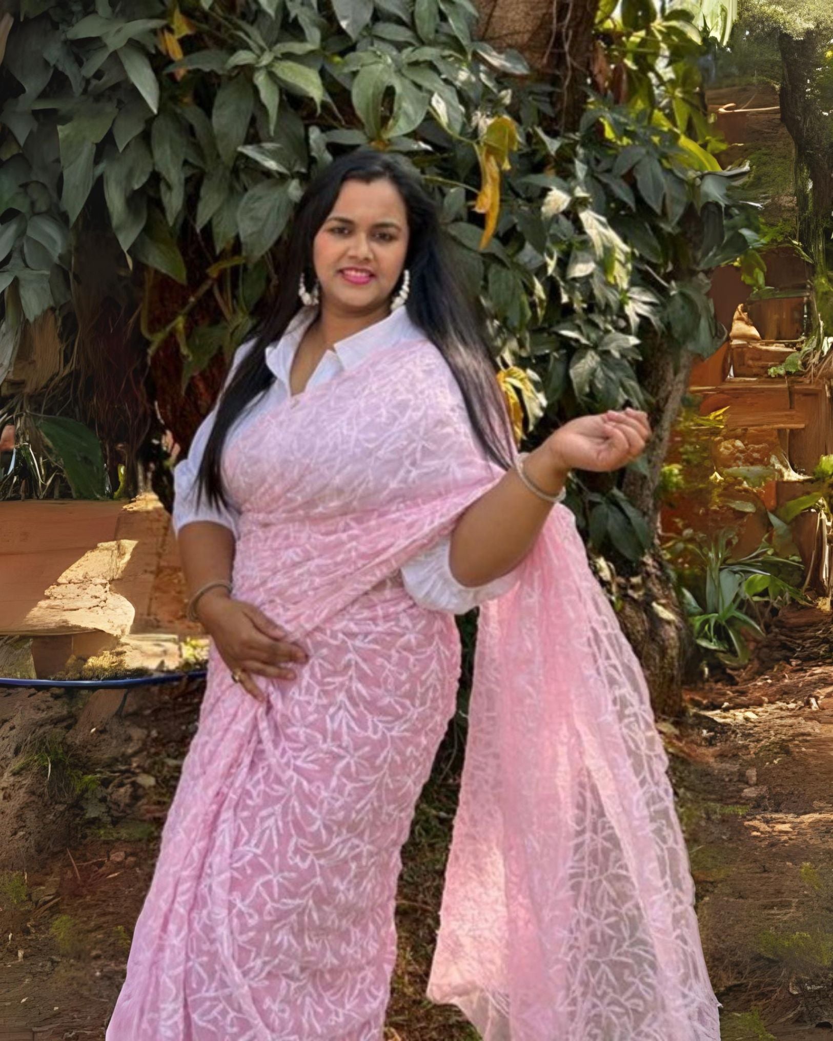 Ziyorah| Georgette Handcrafted Tepchi Work Pink Saree With Running Blouse