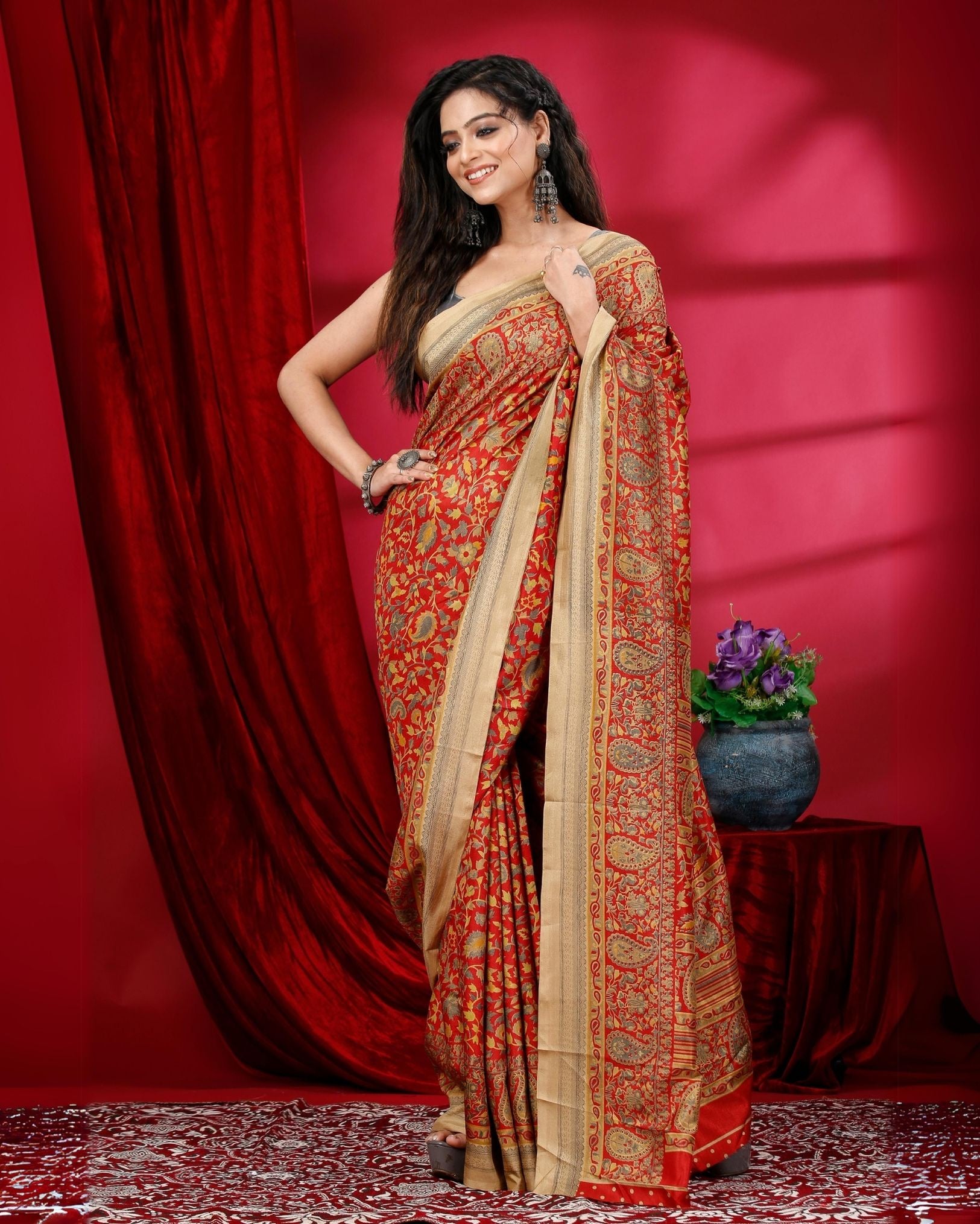 Ziyorah | Kashmiri Silk Red Printed Saree