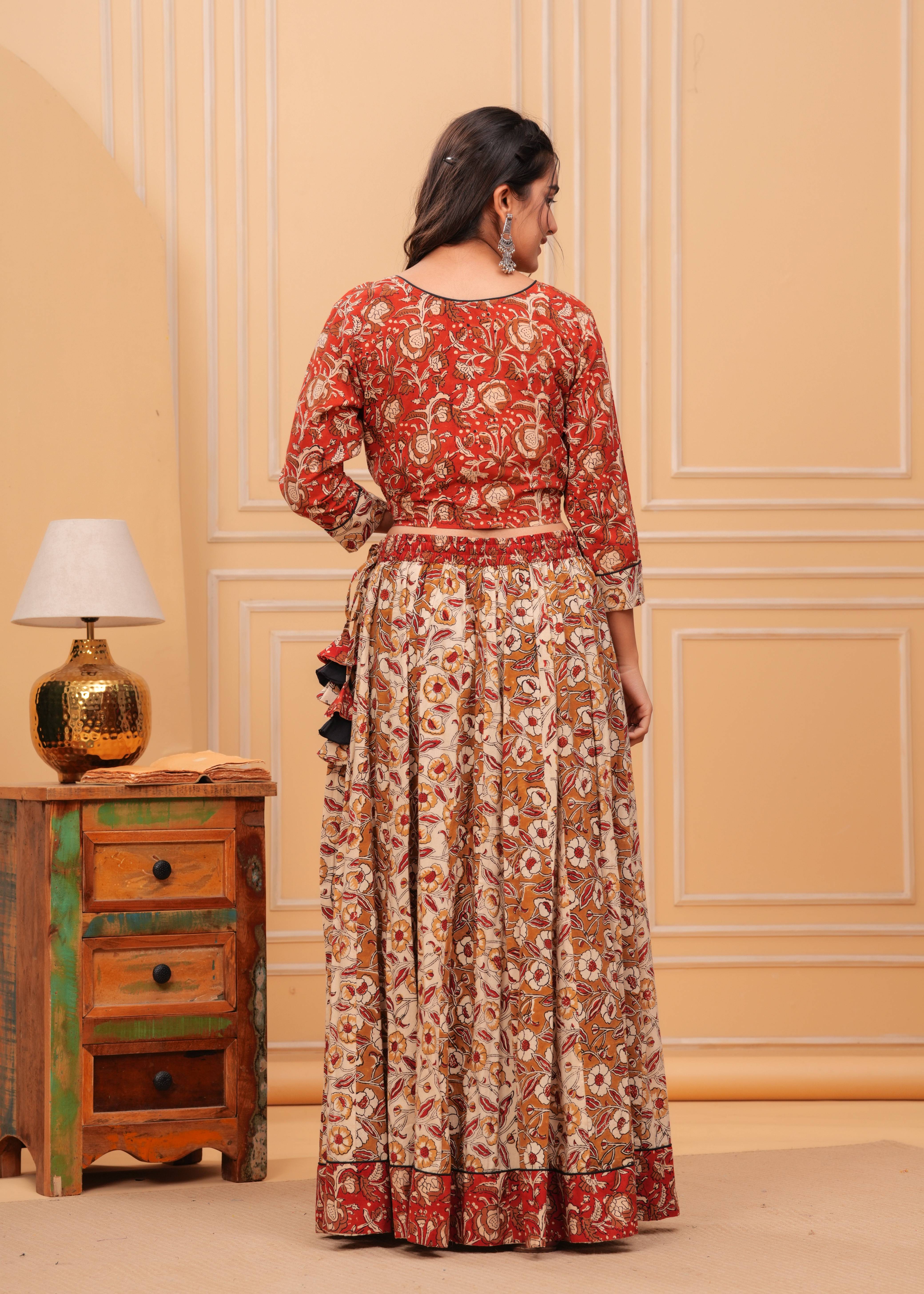 Ziyorah | Blockprinted Brown Lehanga Choli Set