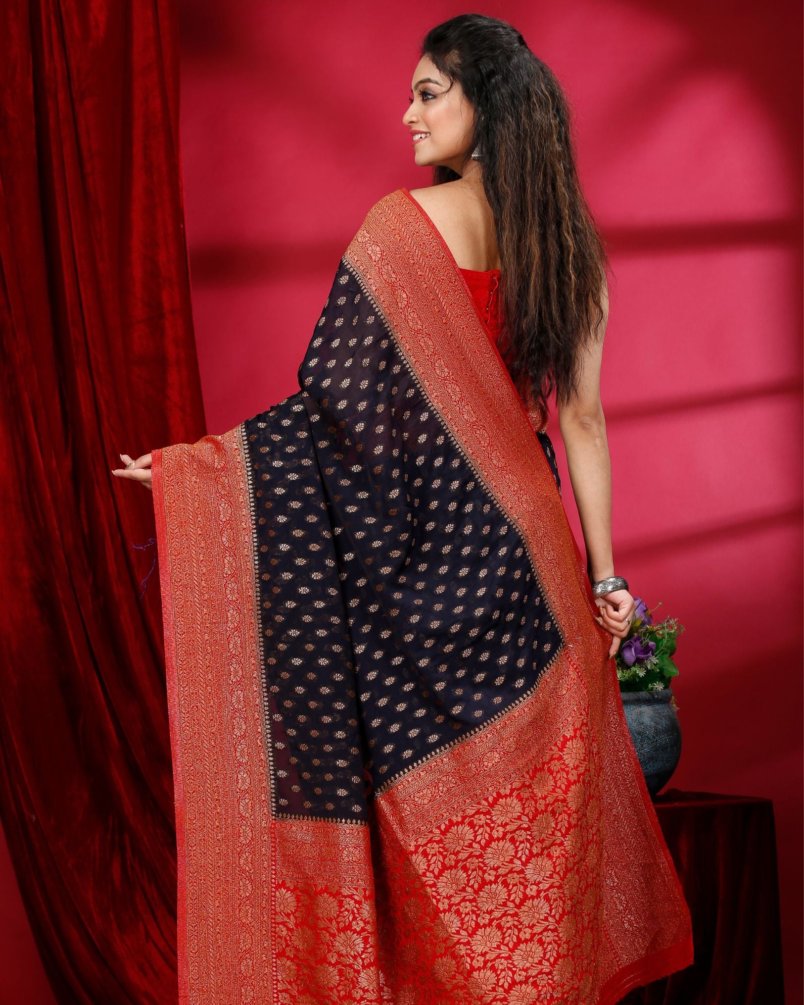 Ziyorah | Banarasi Khaddi Georgette Black & Red Saree | Elegant