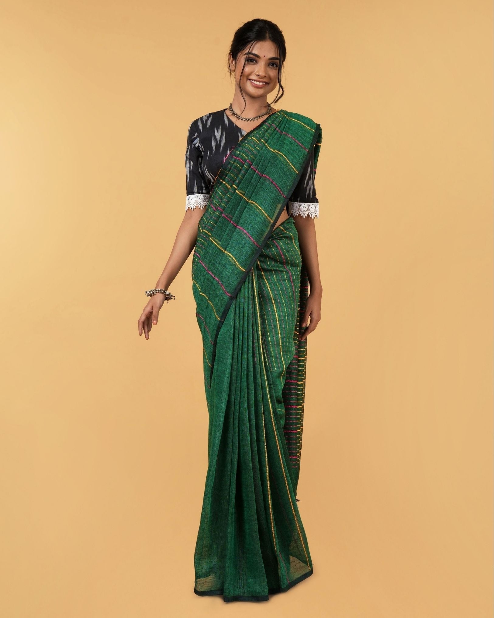 Ziyorah| Kantha Pure Linen Saree Spectra Green Colour With Kantha Blouse