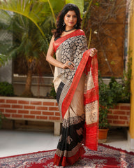 Ziyorah| Silkmark Certified Tussar Silk Saree Cream Color Handloom Handblock Printed With Blouse