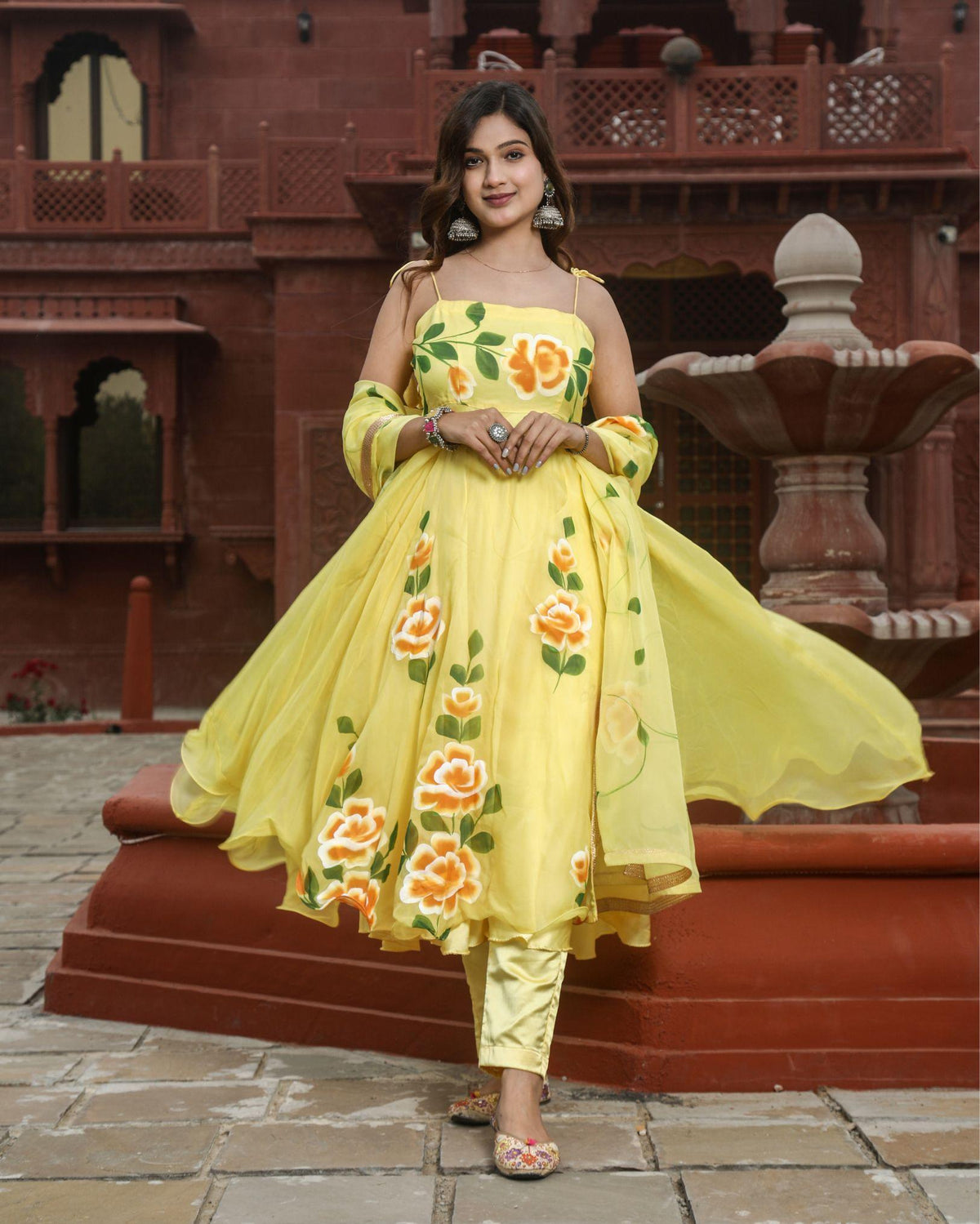 Ziyorah| Organza Yellow Suit Hand Painted Three Quarter Length Sleeve