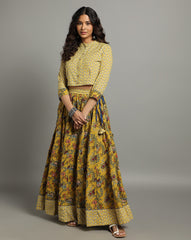 Ziyorah | Blockprinted Cotton Yellow Stitched Lehanga