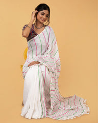 Ziyorah| Kantha Pure Linen Saree Off White Colour With Kantha Blouse