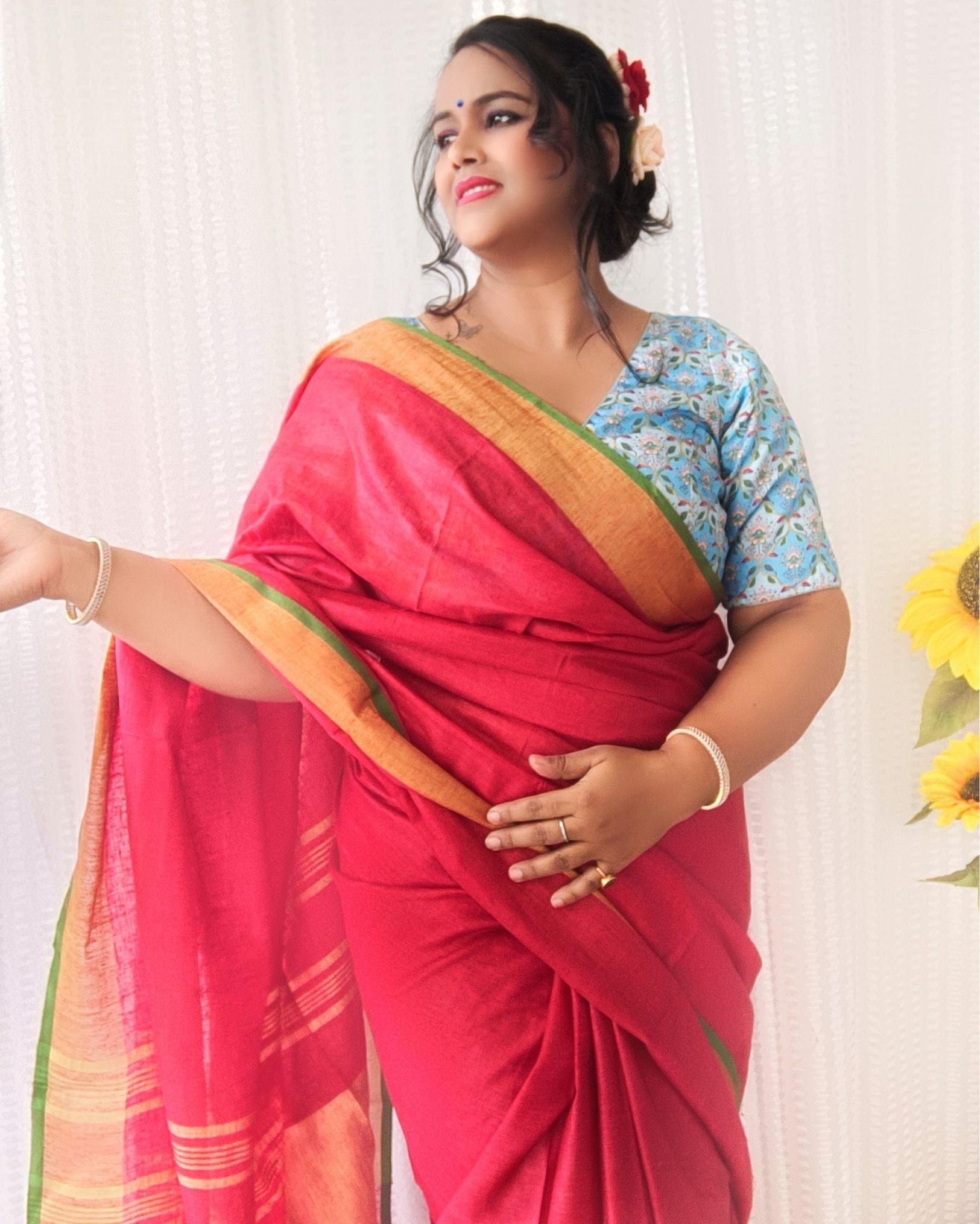 Ziyorah| Handwoven Pure Linen Red Saree With Blouse