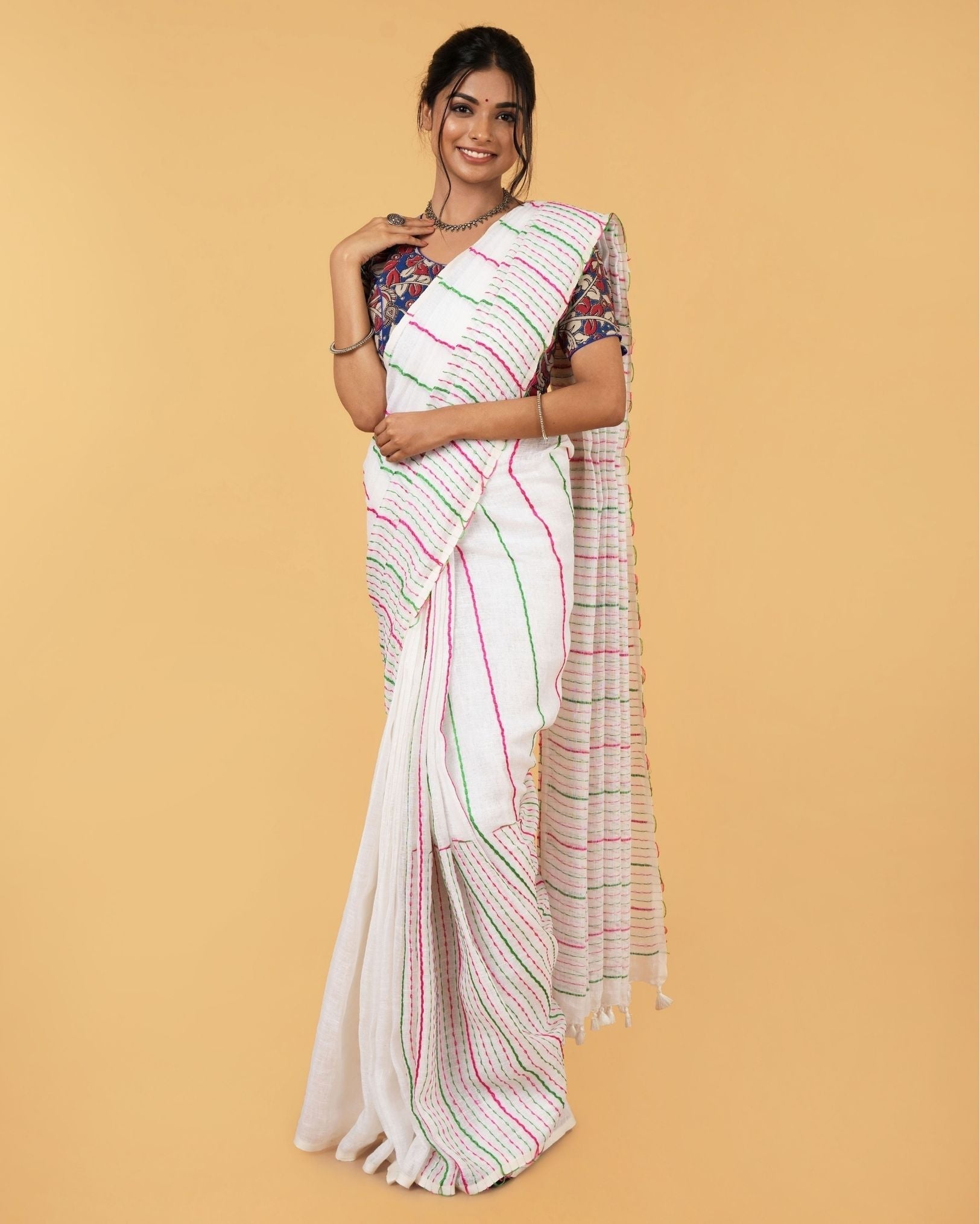 Ziyorah| Kantha Pure Linen Saree Off White Colour With Kantha Blouse