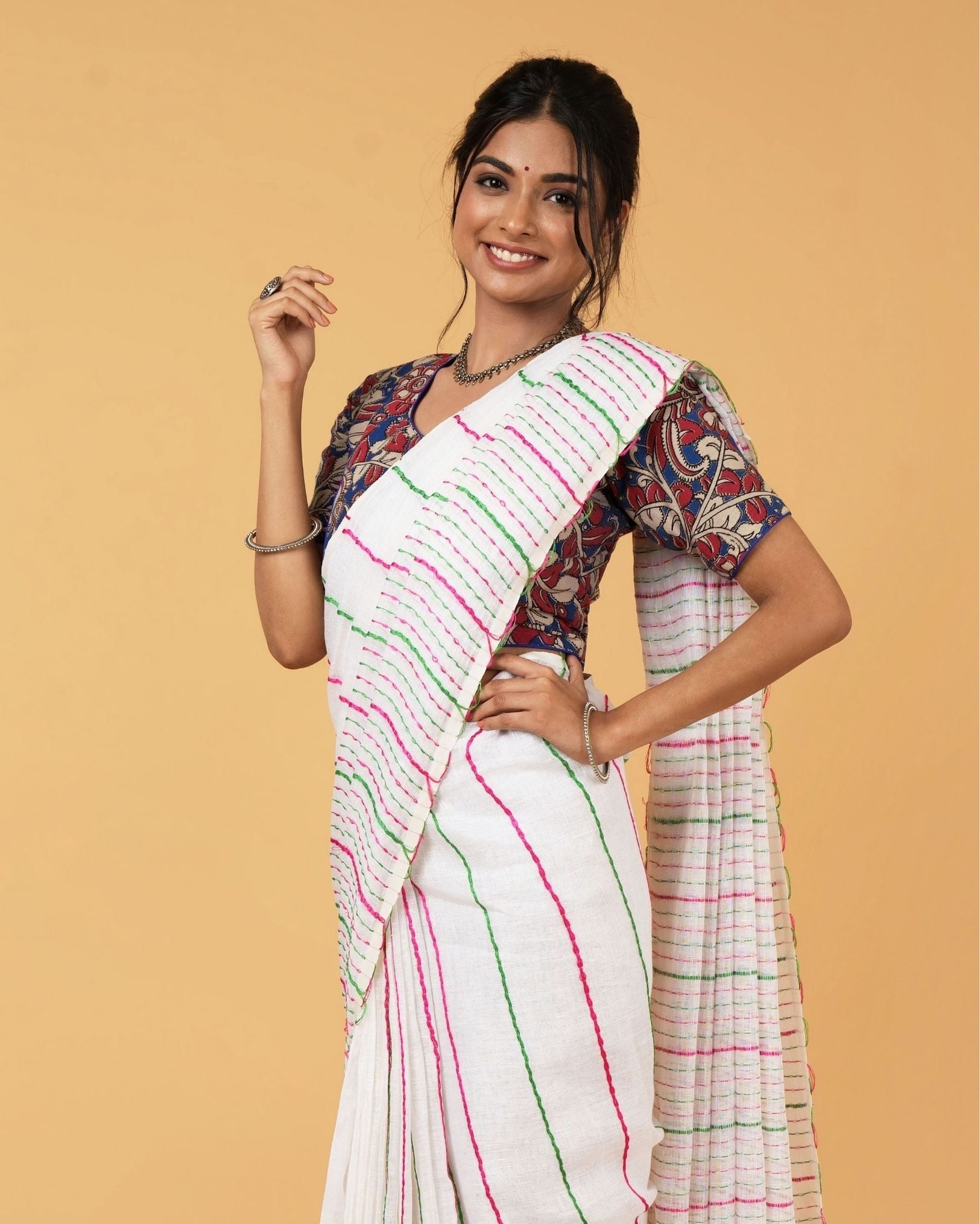 Ziyorah| Kantha Pure Linen Saree Off White Colour With Kantha Blouse