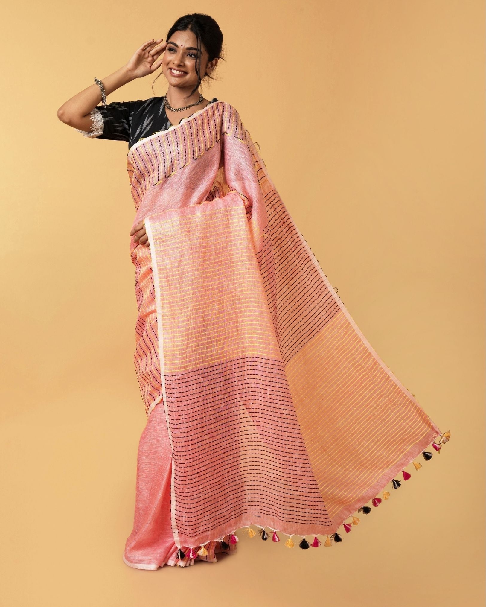 Ziyorah| Kantha Pure Linen Peach Saree With Kantha Blouse