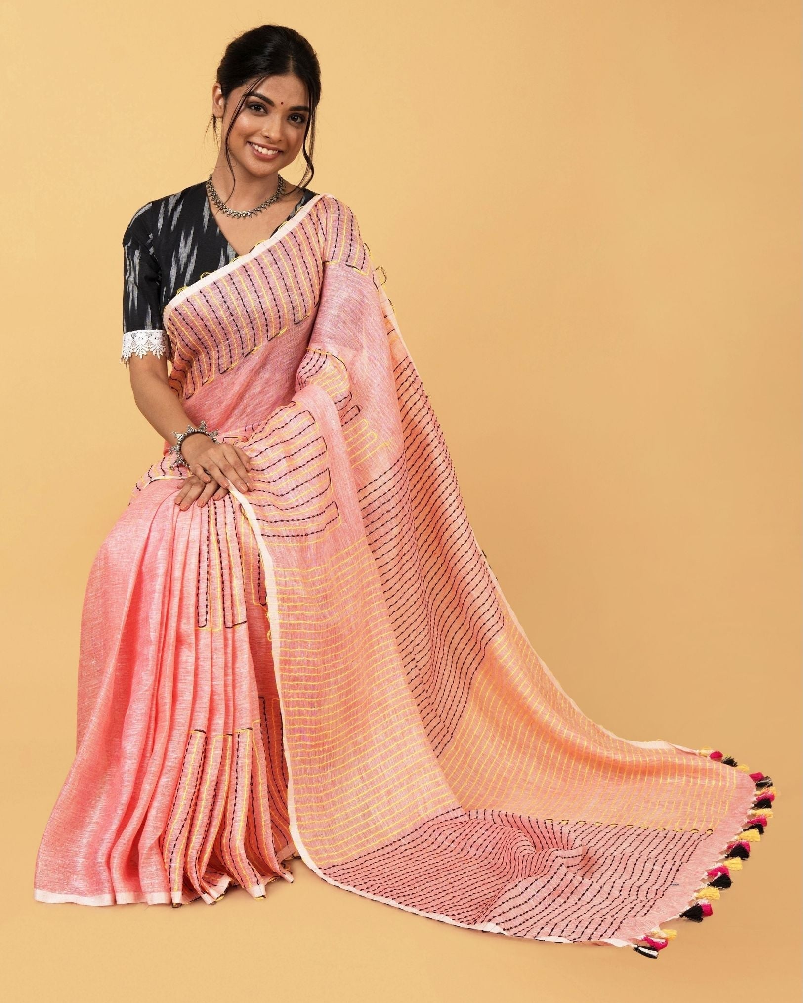 Ziyorah| Kantha Pure Linen Peach Saree With Kantha Blouse