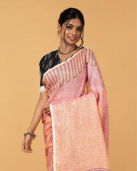 Ziyorah| Kantha Pure Linen Peach Saree With Kantha Blouse