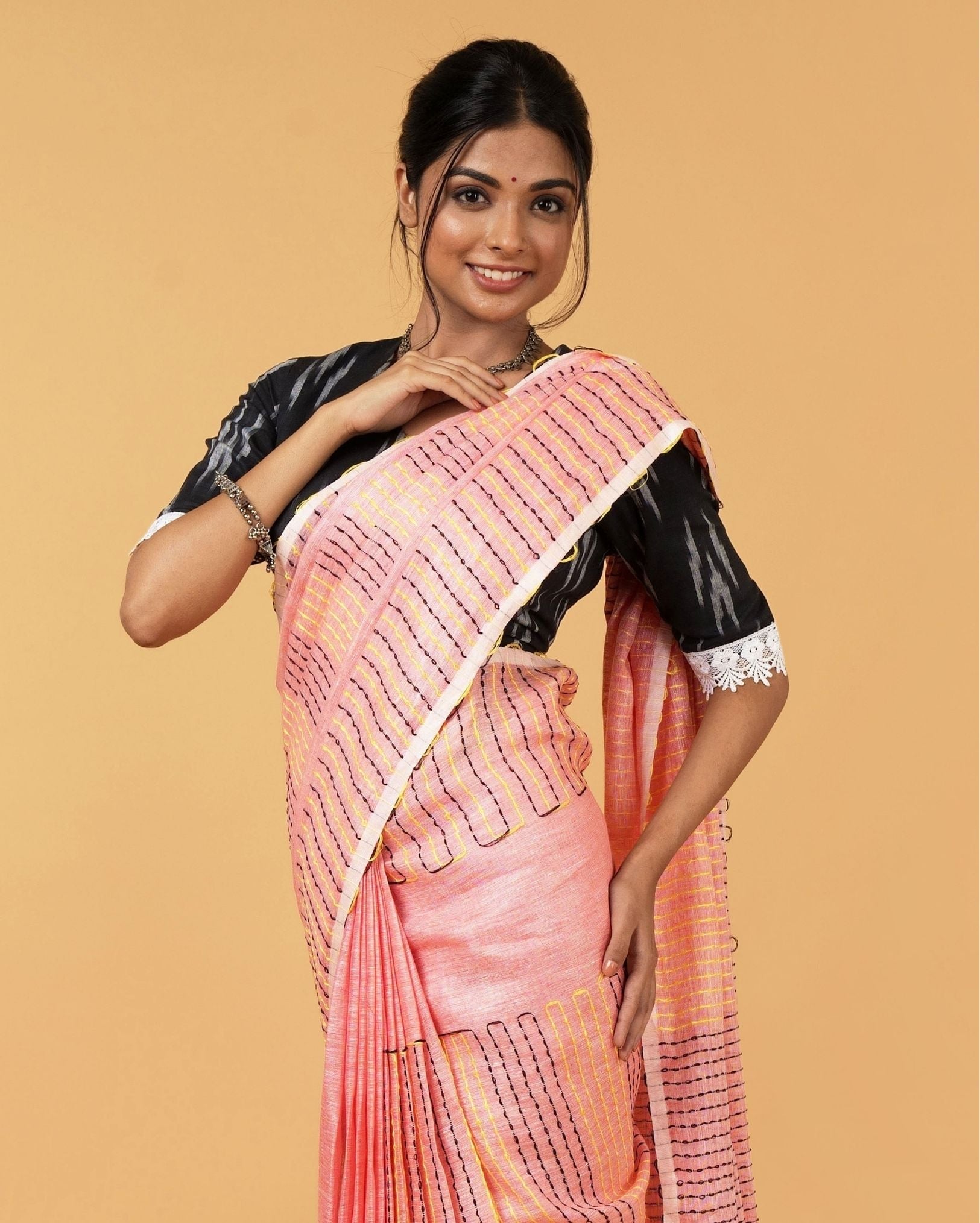 Ziyorah| Kantha Pure Linen Peach Saree With Kantha Blouse