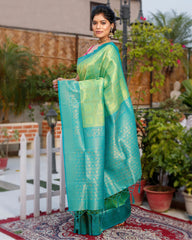 Ziyorah| Kanjivaram Silk Saree Plae Green & Teal Blue Color With Running Blouse