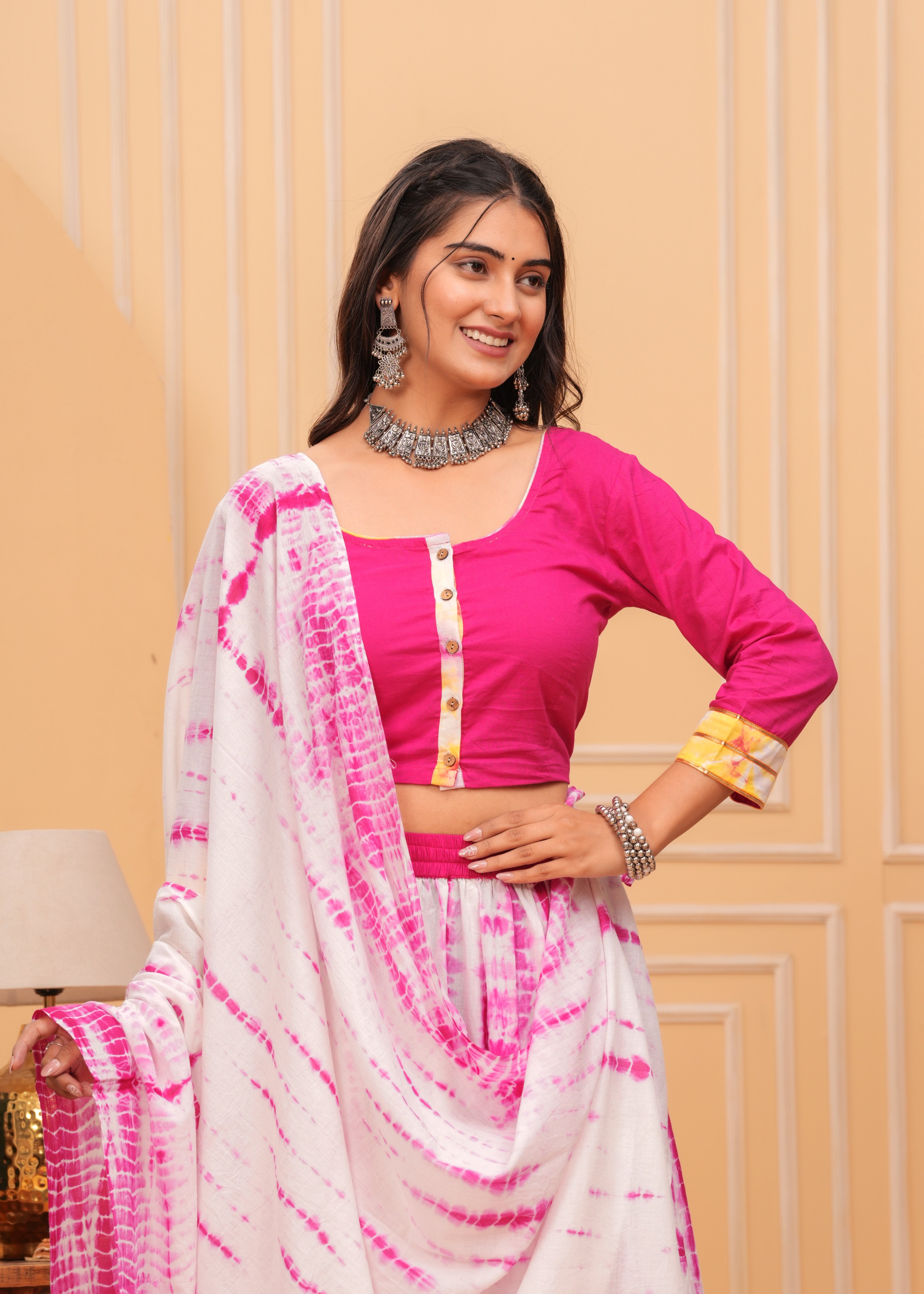 Ziyorah | Blockprinted Pink & White Lehanga Choli Set