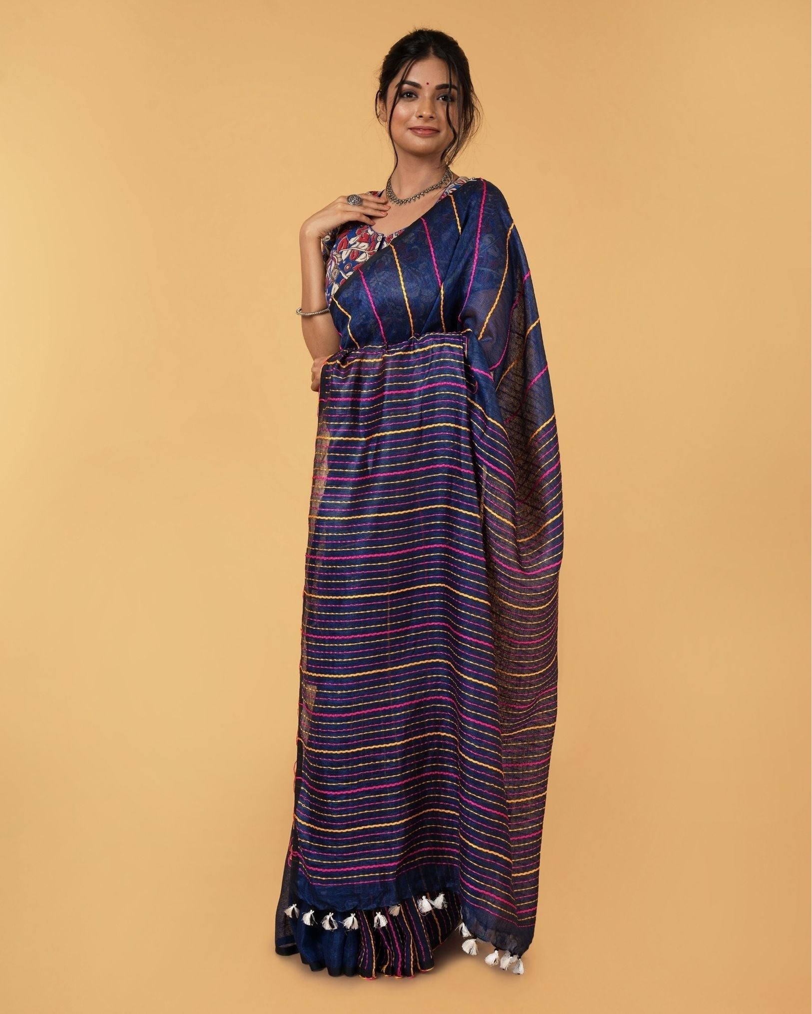 Ziyorah| Kantha Pure Linen Saree Resolution Blue Colour With Kantha Blouse