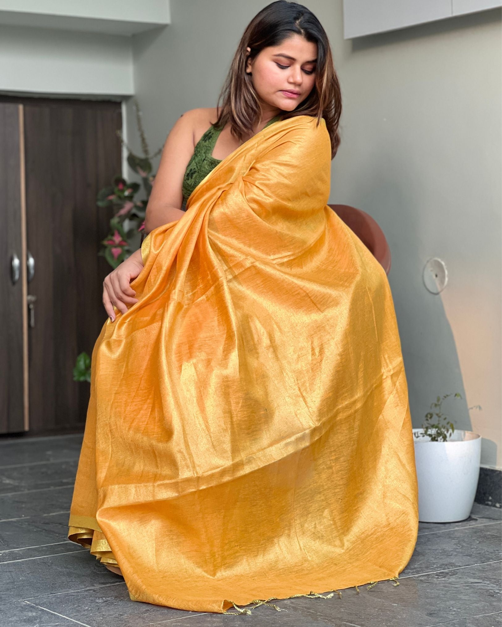 Ziyorah| Hand Dyed Pure Tissue Linen Yellow Color Saree With Running Blouse Hand Dyed