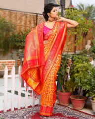 Ziyorah| Banarasi Silk Saree Bright Orange Color With Coral Red Pallu And Blouse