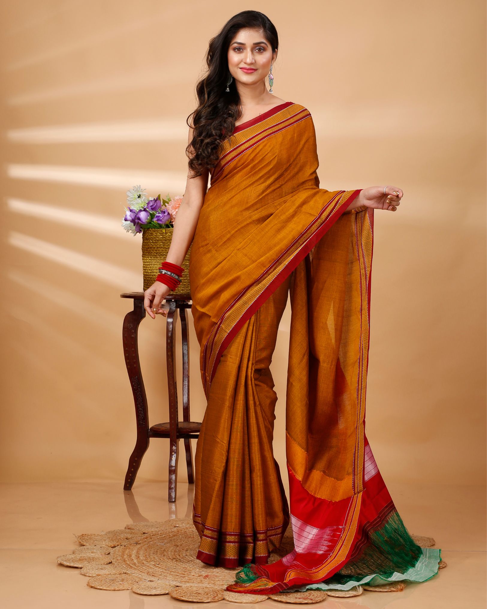 Ziyorah| Ilkal Handloom Cotton Silk Saree Mustard Orange Color With Running Blouse