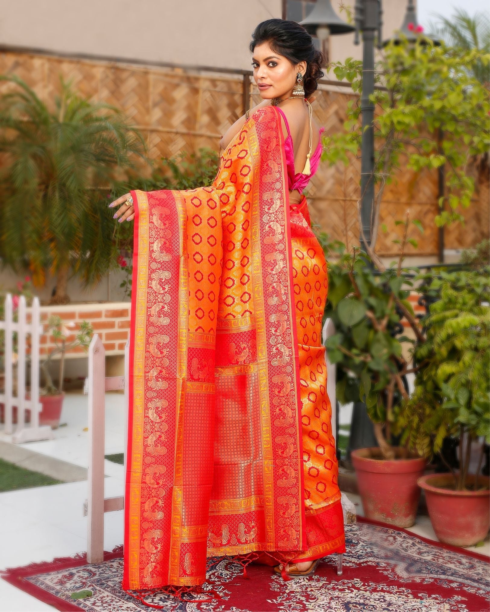 Ziyorah| Banarasi Silk Saree Bright Orange Color With Coral Red Pallu And Blouse