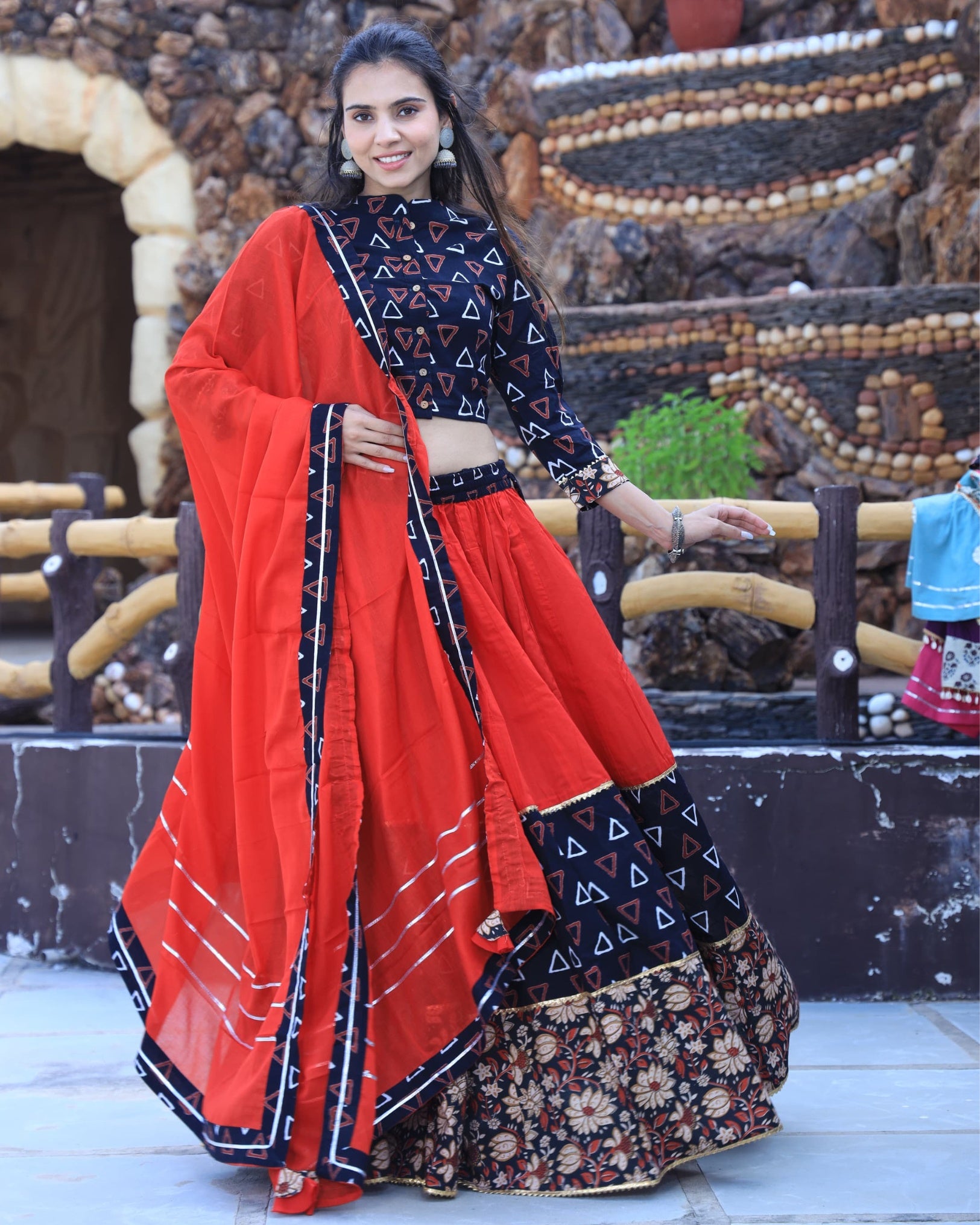 Ziyorah | Blockprinted Cotton Red & Black Lehanga Choli Set