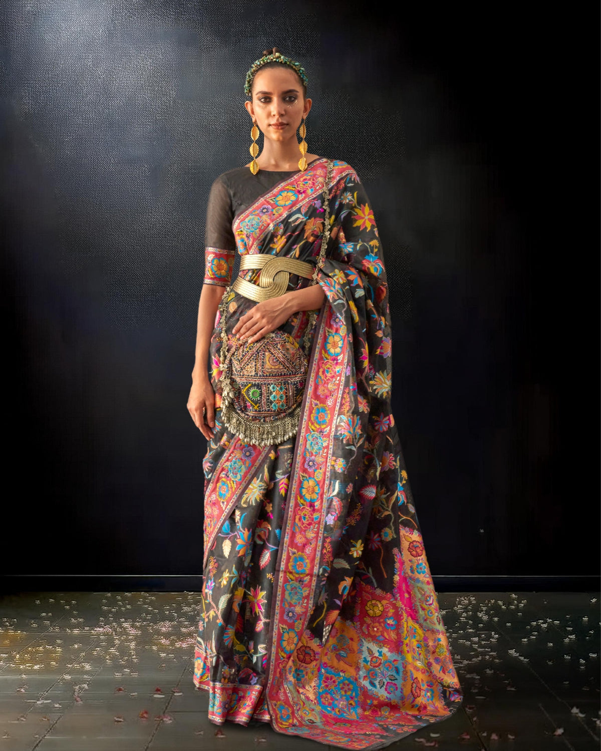 Ziyorah | Kashmiri Modal Silk Banarasi Brocade Black Saree