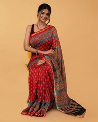 Ziyorah| Ajrakh Printed Fire Brick Red Color Chanderi Silk Saree With Running Blouse