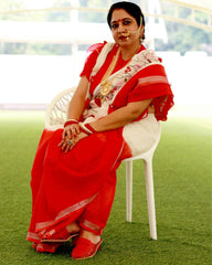 Ziyorah| Pure Linen White & Red Embroidered Saree With Running Blouse