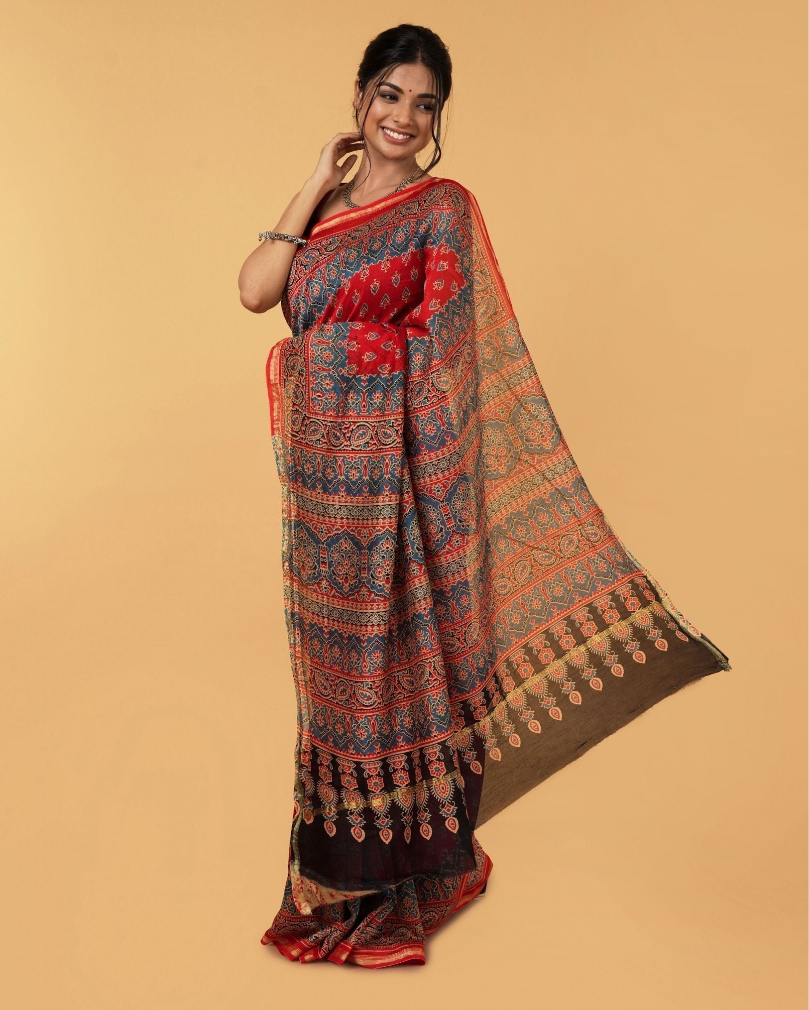 Ziyorah| Ajrakh Printed Fire Brick Red Color Chanderi Silk Saree With Running Blouse