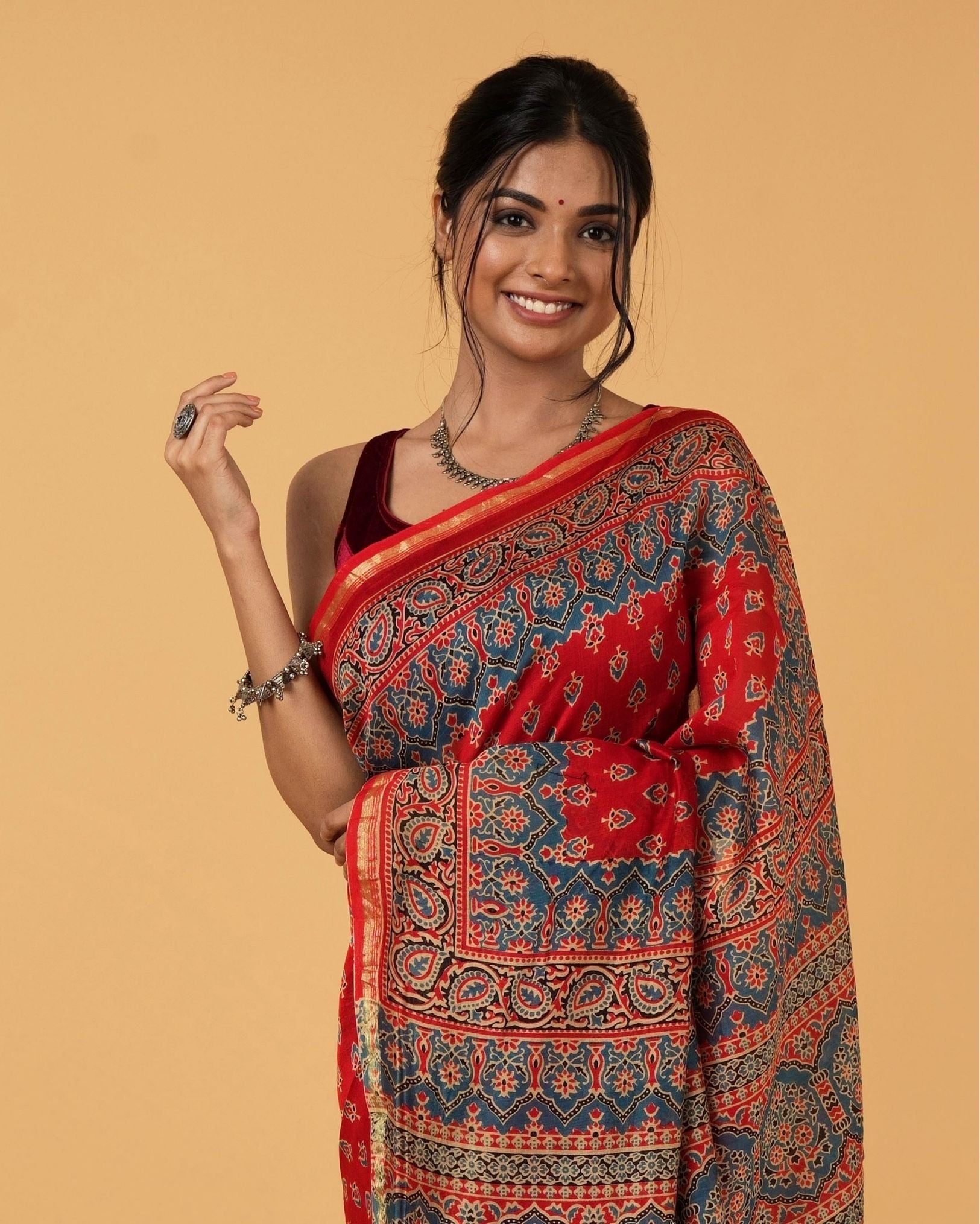 Ziyorah| Ajrakh Printed Fire Brick Red Color Chanderi Silk Saree With Running Blouse