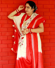 Ziyorah| Pure Linen White & Red Embroidered Saree With Running Blouse