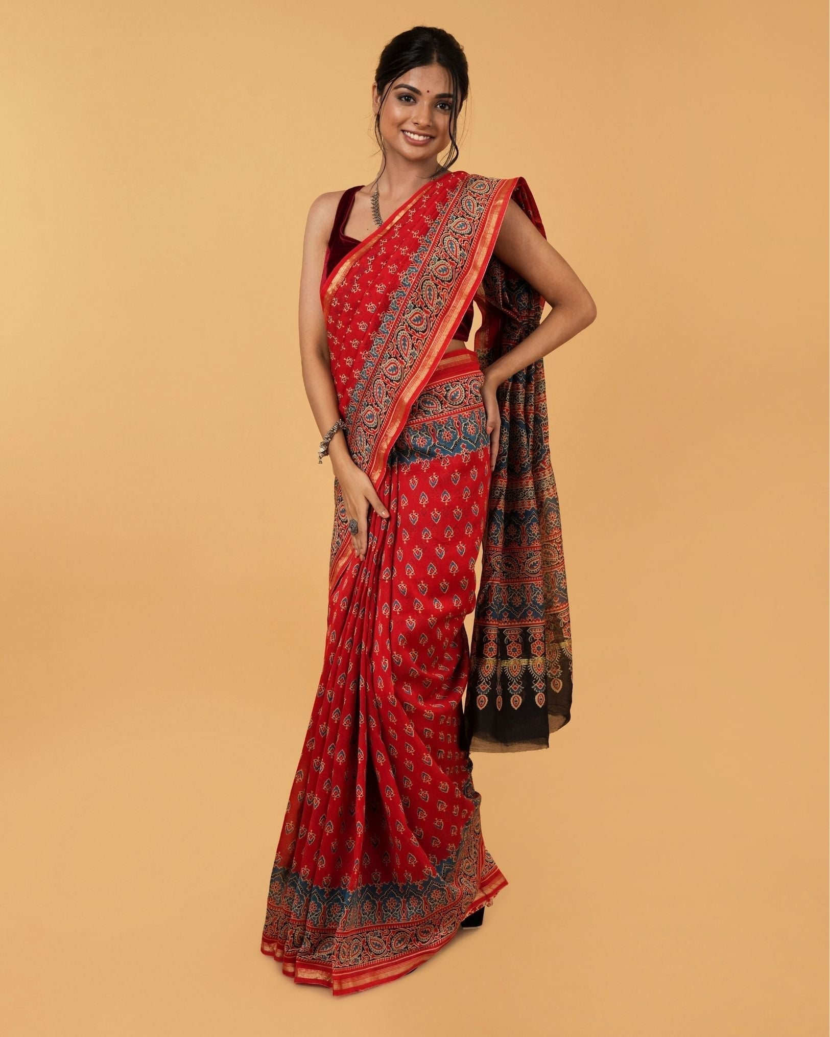 Ziyorah| Ajrakh Printed Fire Brick Red Color Chanderi Silk Saree With Running Blouse