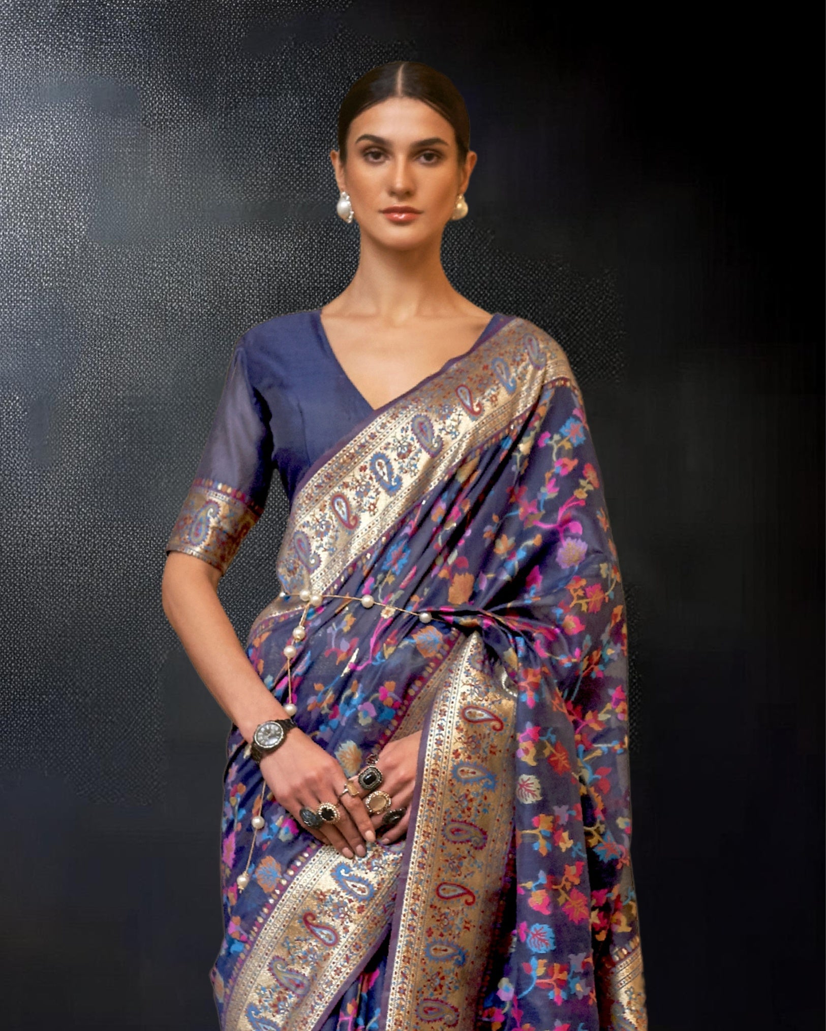 Ziyorah | Kashifa Silk Handloom Weaving Navy Blue Saree