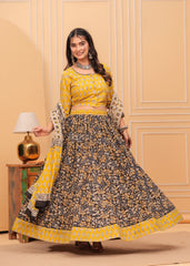 Ziyorah | Blockprinted Black & Yellow Lehanga Choli Set