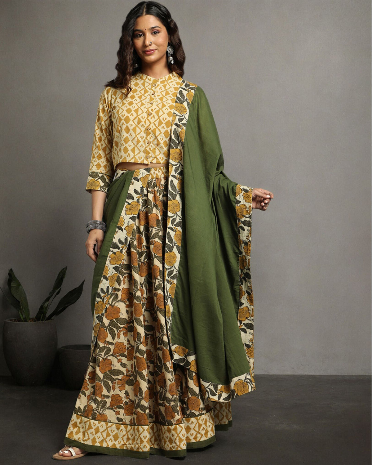 Ziyorah | Blockprinted Cotton Green Stitched Lehanga