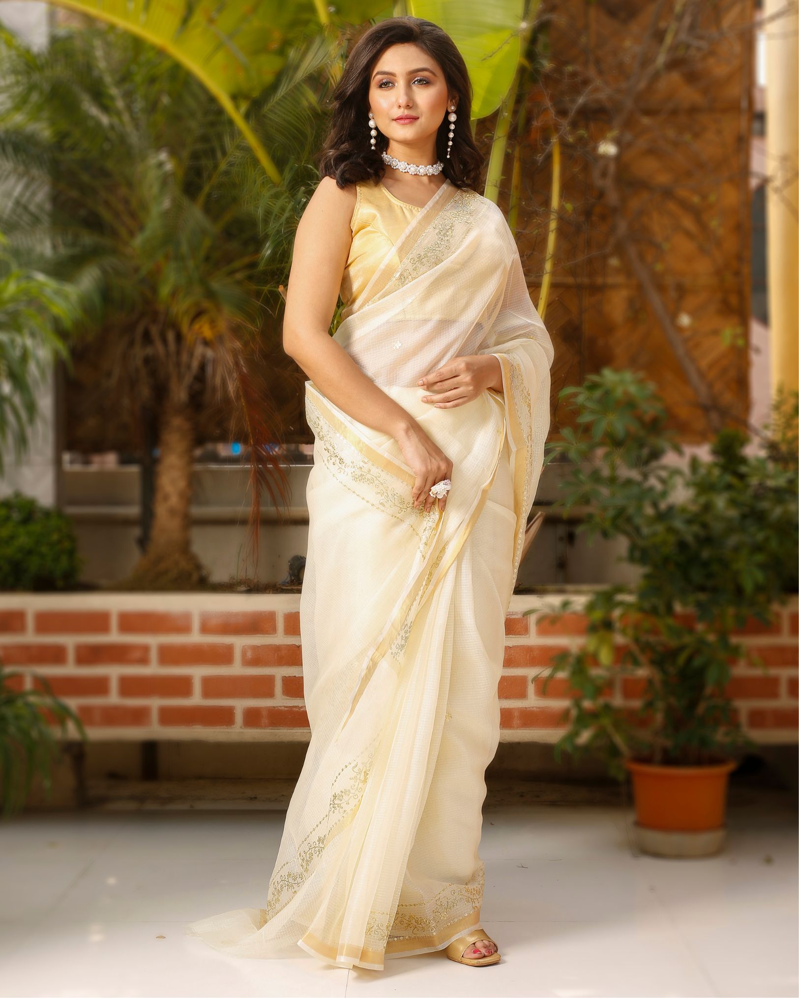 Ziyorah| Pure Silk Kota Doria Saree Beige Color Allover Hand Pitta Work With Running Blouse