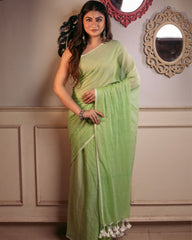 Ziyorah | Mul Cotton Plain Saree Green with Tassel