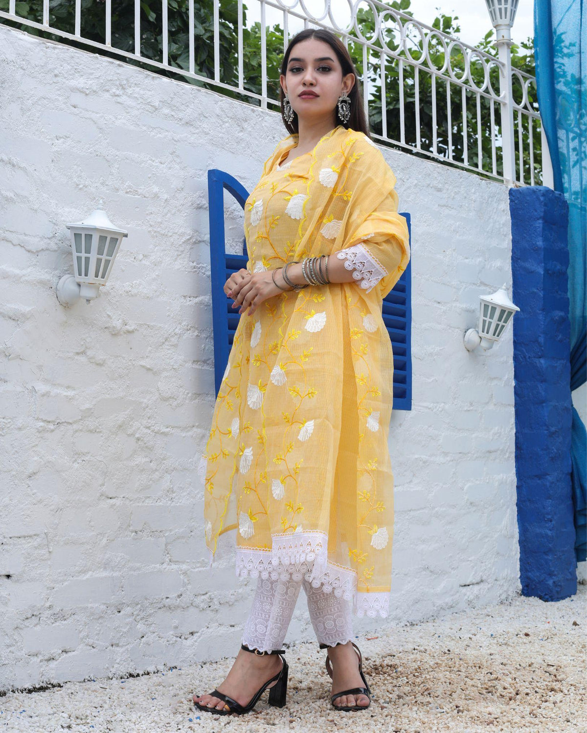 Ziyorah| Kota Doria Pastel Yellow Suit Stitch Embroidery Half Sleeve