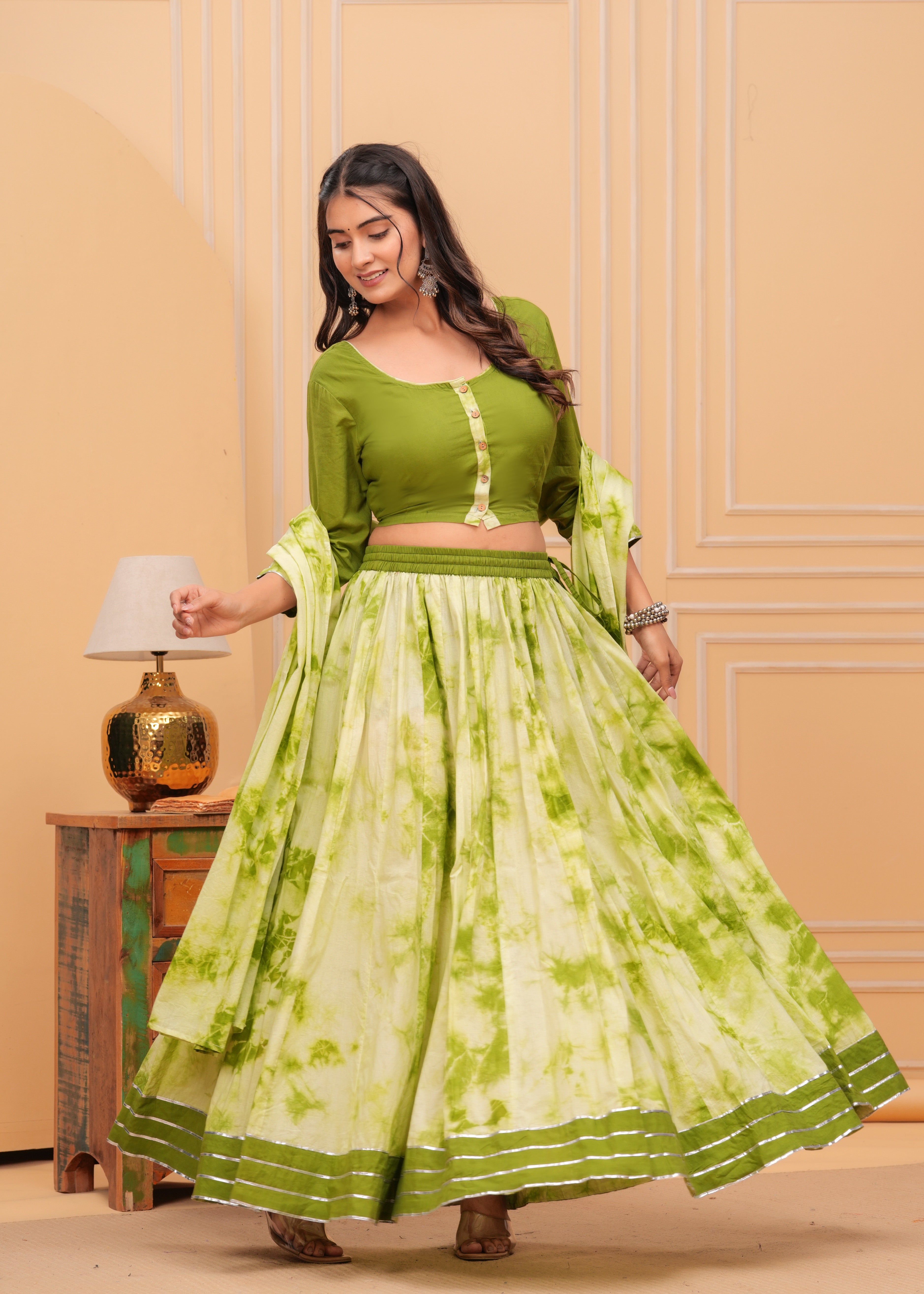 Ziyorah | Blockprinted Green Lehanga Choli Set